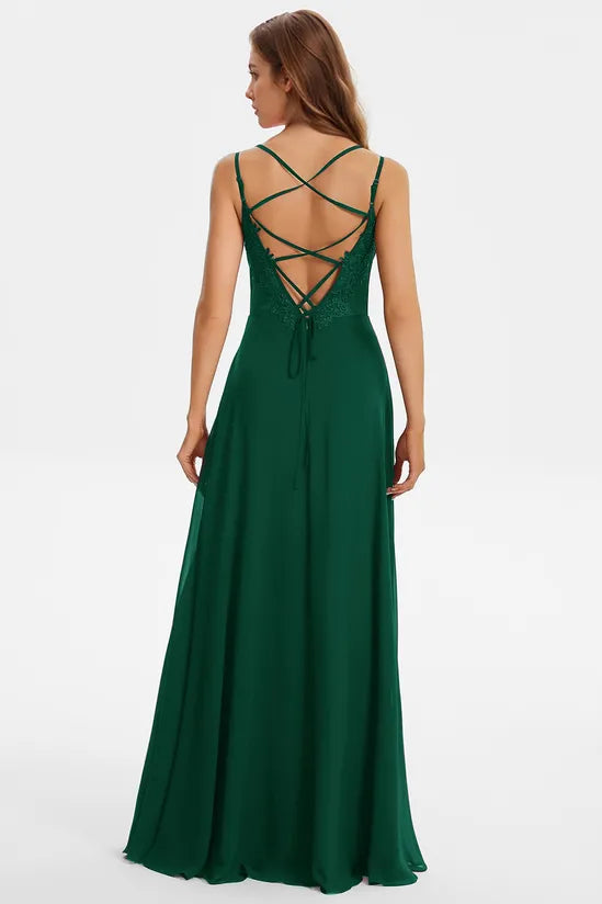 Elegant Spring V neck Ruffle Sleeve Ruched Backless Applique Flowing Chiffon Bridesmaid Dresses