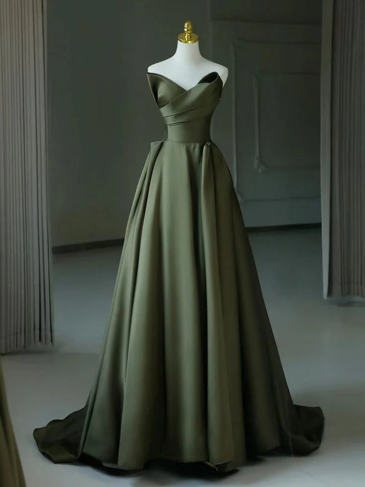 A-Line V Neck Satin Green Long Prom Dress