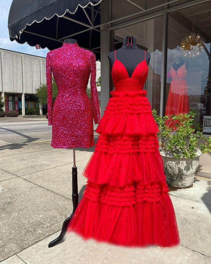 V Neck Layers Tulle A Line Spaghetti Strap Evening Dresses