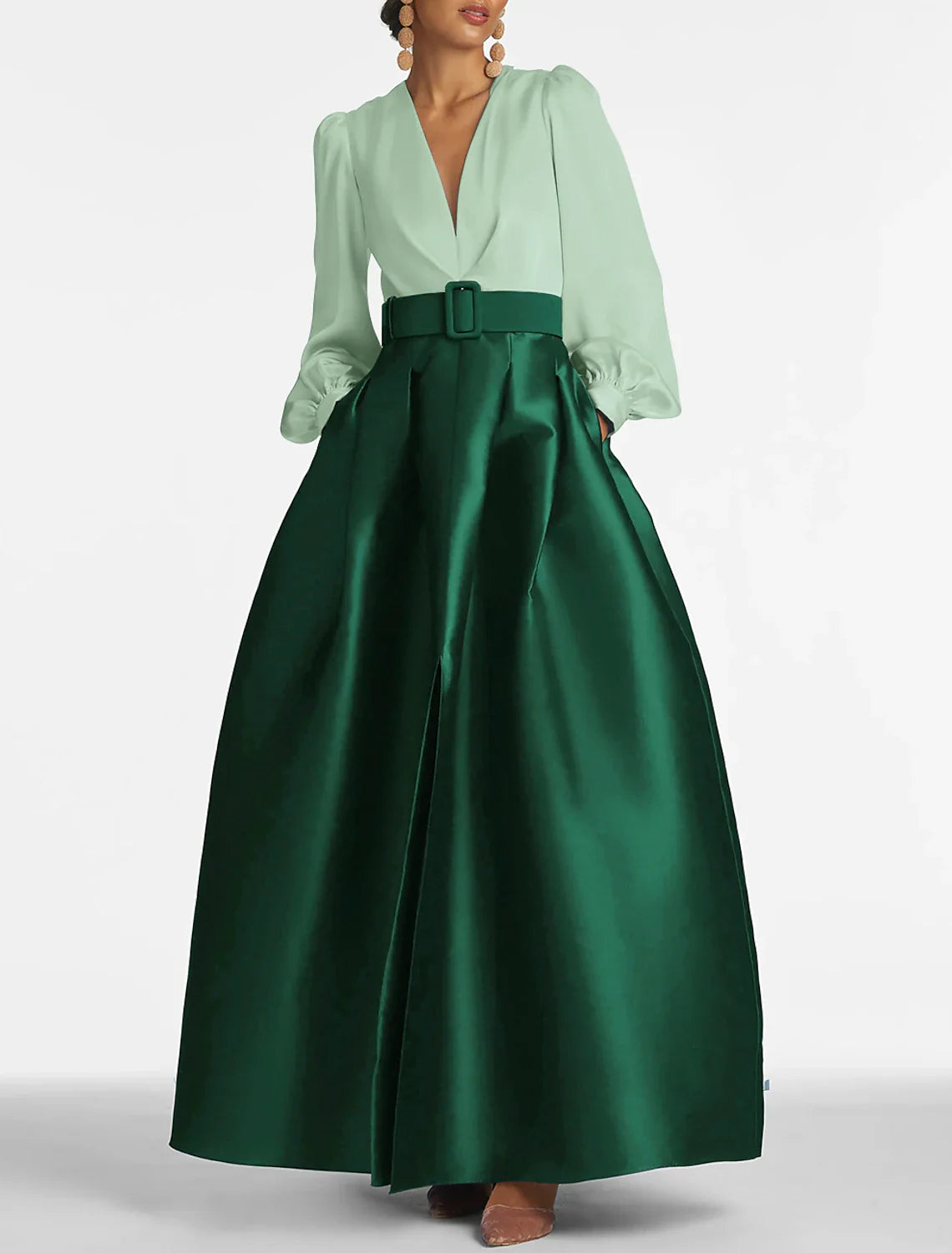 A-Line Formal Satin Pocket Long Sleeve Blue Black Evening Gown High Split Wedding Guest Dress Fall Wedding Floor Length Color Contrast V Neck Belt / Sash Navy with Pleats