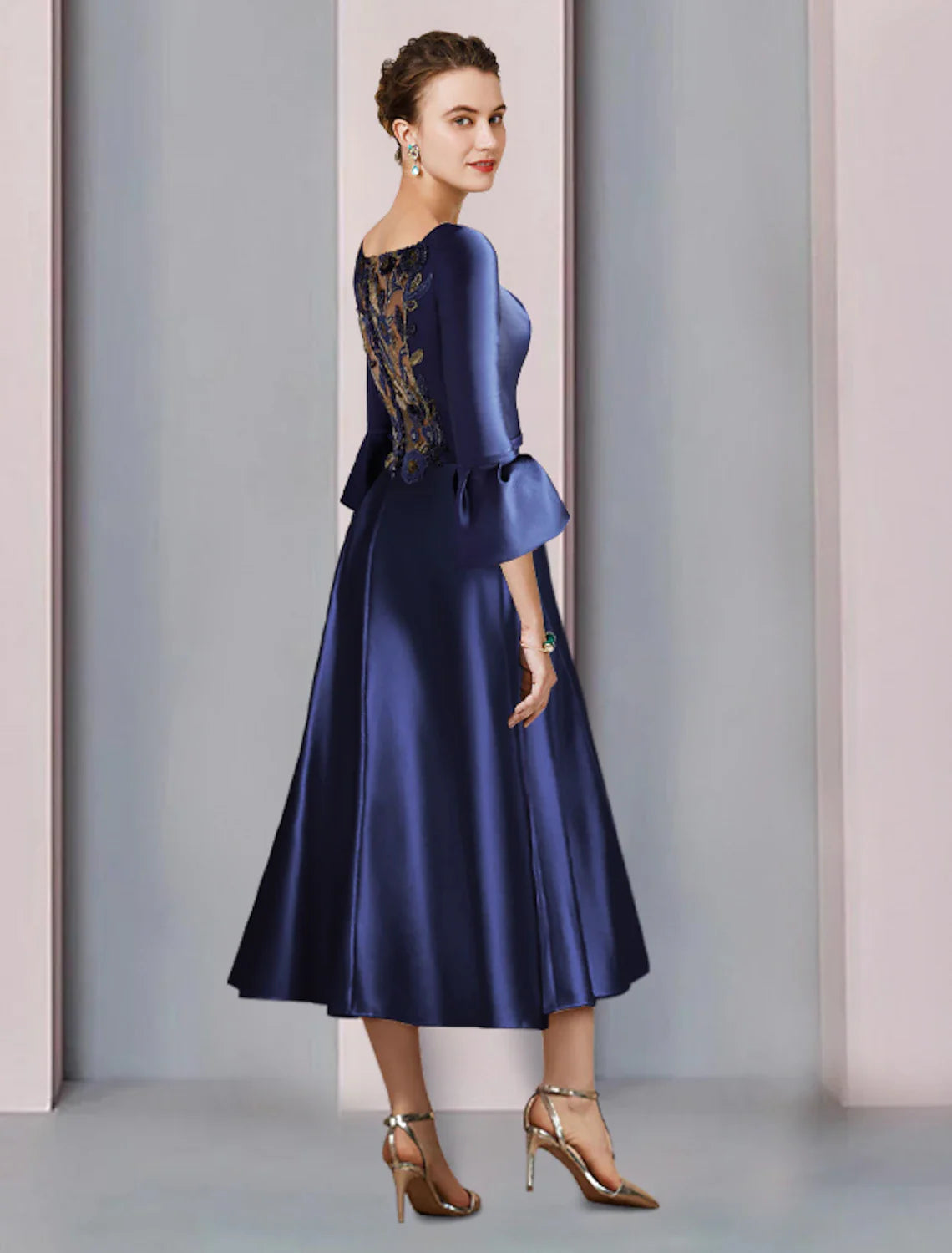 A-Line Mother of the Bride Dress Formal Wedding Guest Elegant Bateau Neck Tea Length Satin 3/4 Length Sleeve with Pleats