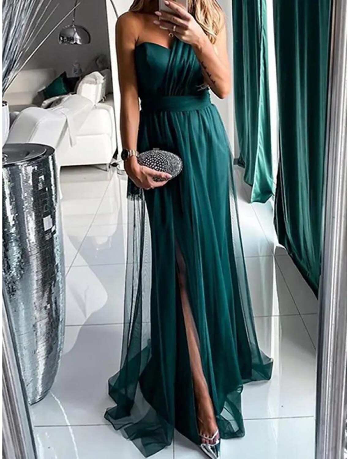 Sheath / Column Bridesmaid Dress One Shoulder Sleeveless Elegant Sweep / Brush Train Tulle with Pleats