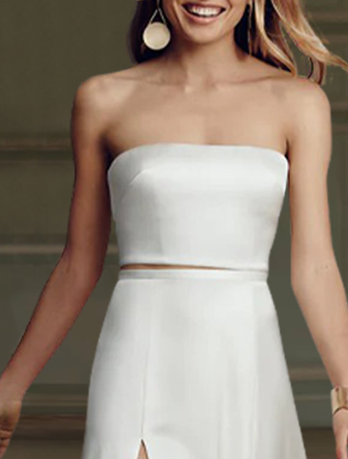Reception Little White Dresses Wedding Dresses Two Piece Square Neck Strapless Tea Length Satin Bridal Suits Bridal Gowns