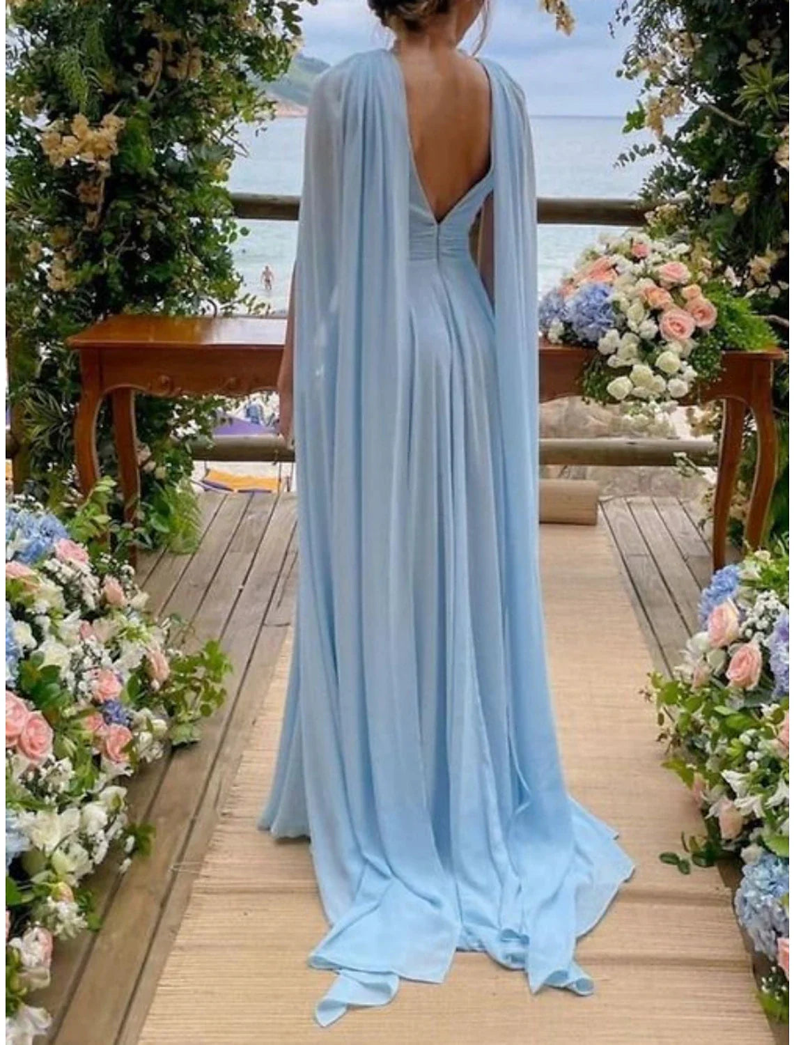 Sheath / Column Mother of the Bride Dress Wedding Guest Party Elegant V Neck Court Train Chiffon Sleeveless with Pleats