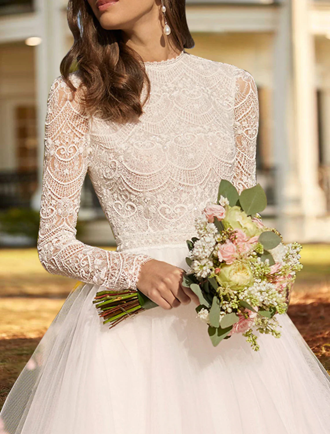 Bridal Shower Vintage 1940s / 1950s Little White Dresses Wedding Dresses Ball Gown Scoop Neck Long Sleeve Ankle Length Satin Bridal Gowns With Appliques