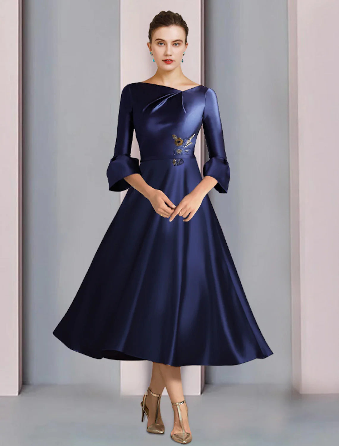 A-Line Mother of the Bride Dress Formal Wedding Guest Elegant Bateau Neck Tea Length Satin 3/4 Length Sleeve with Pleats