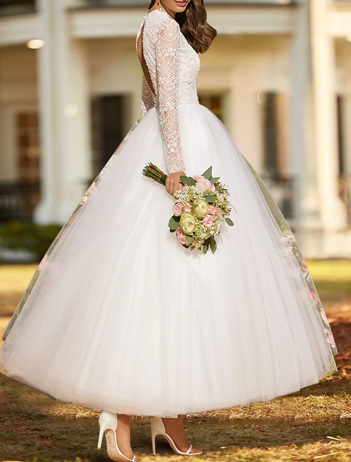 Bridal Shower Vintage 1940s / 1950s Little White Dresses Wedding Dresses Ball Gown Scoop Neck Long Sleeve Ankle Length Satin Bridal Gowns With Appliques