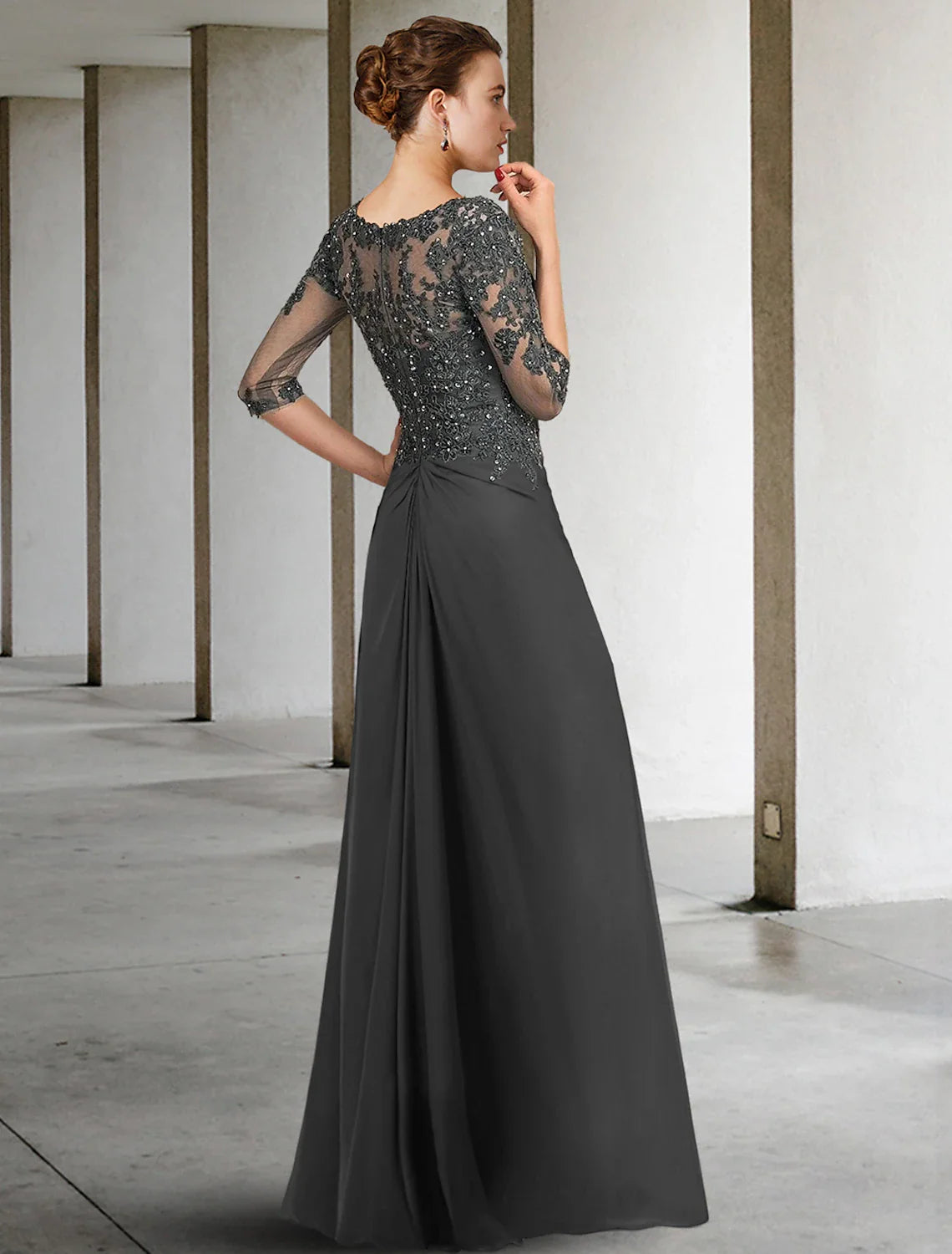 Sheath / Column Mother of the Bride Dress Formal Wedding Guest Party Elegant Square Neck Floor Length Chiffon Lace 3/4 Length Sleeve with Sequin Appliques