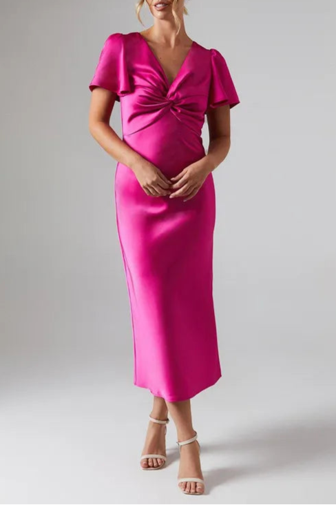 Satin Twist Front Angel Sleeve Midi Full of charm Bridesmaids Dress