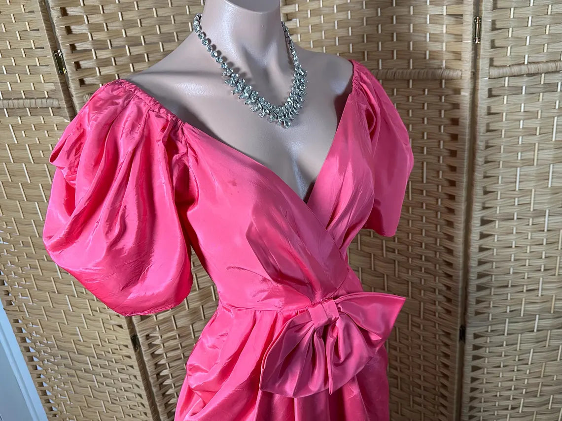 Vintage 1980s Hot Pink Taffeta Dress Cocoon Drape Prom Dress With Bow