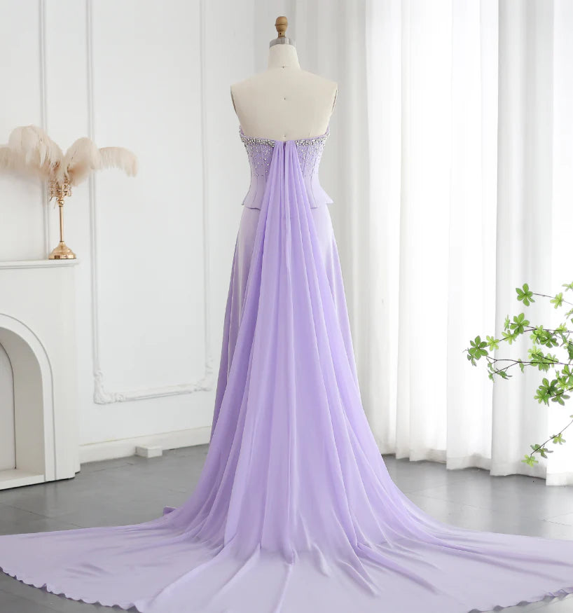 Lilac A Line Sweetheart Neck Beaded Satin Chiffon Long Evening Dress