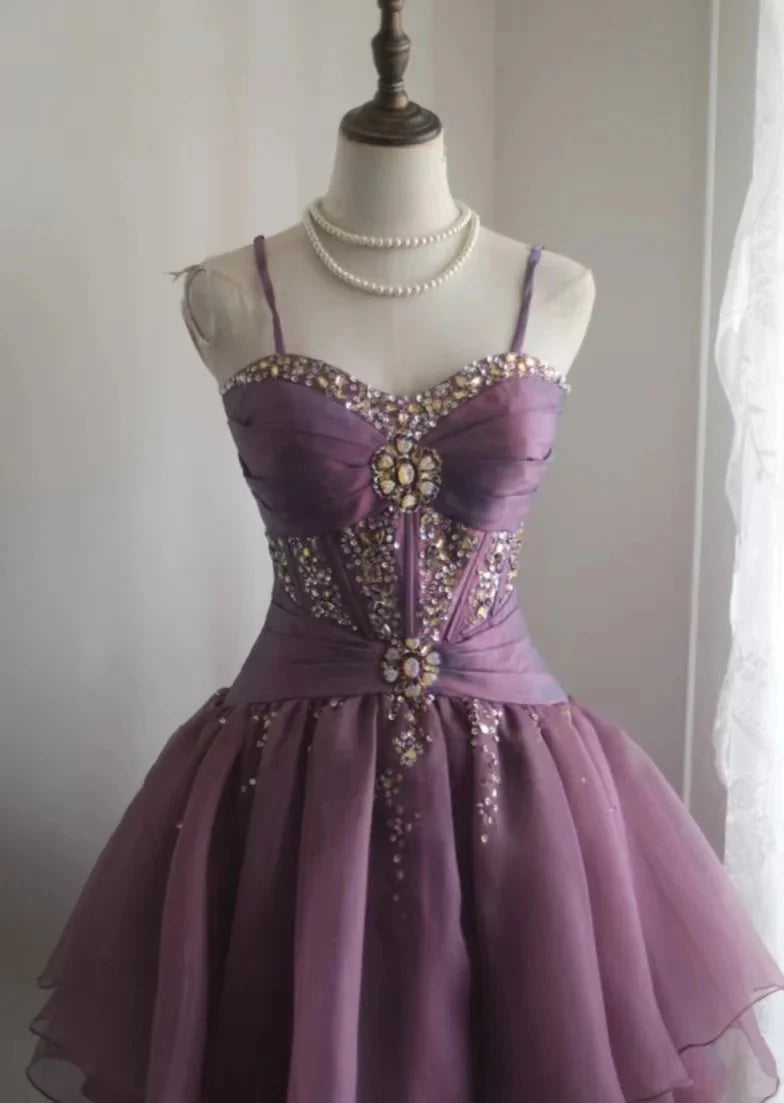 Sweet Spaghetti Straps Short Prom Dresses  Purple A-Line Tulle Homecoming Dresses with Rhinestones