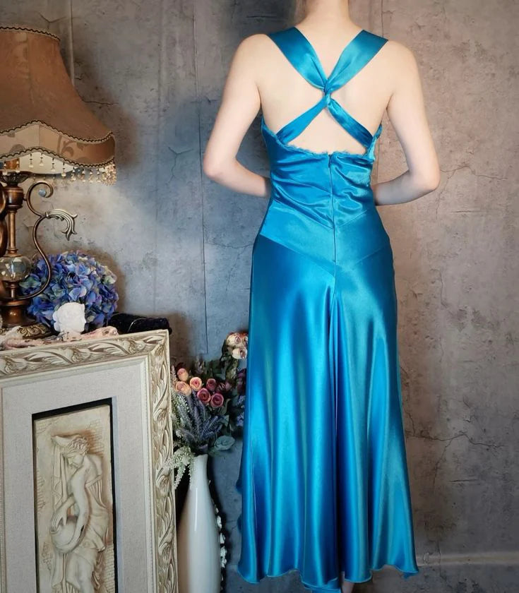 Elegant A Line Straps Blue Satin Party Dress Sleeveless Evening Dress