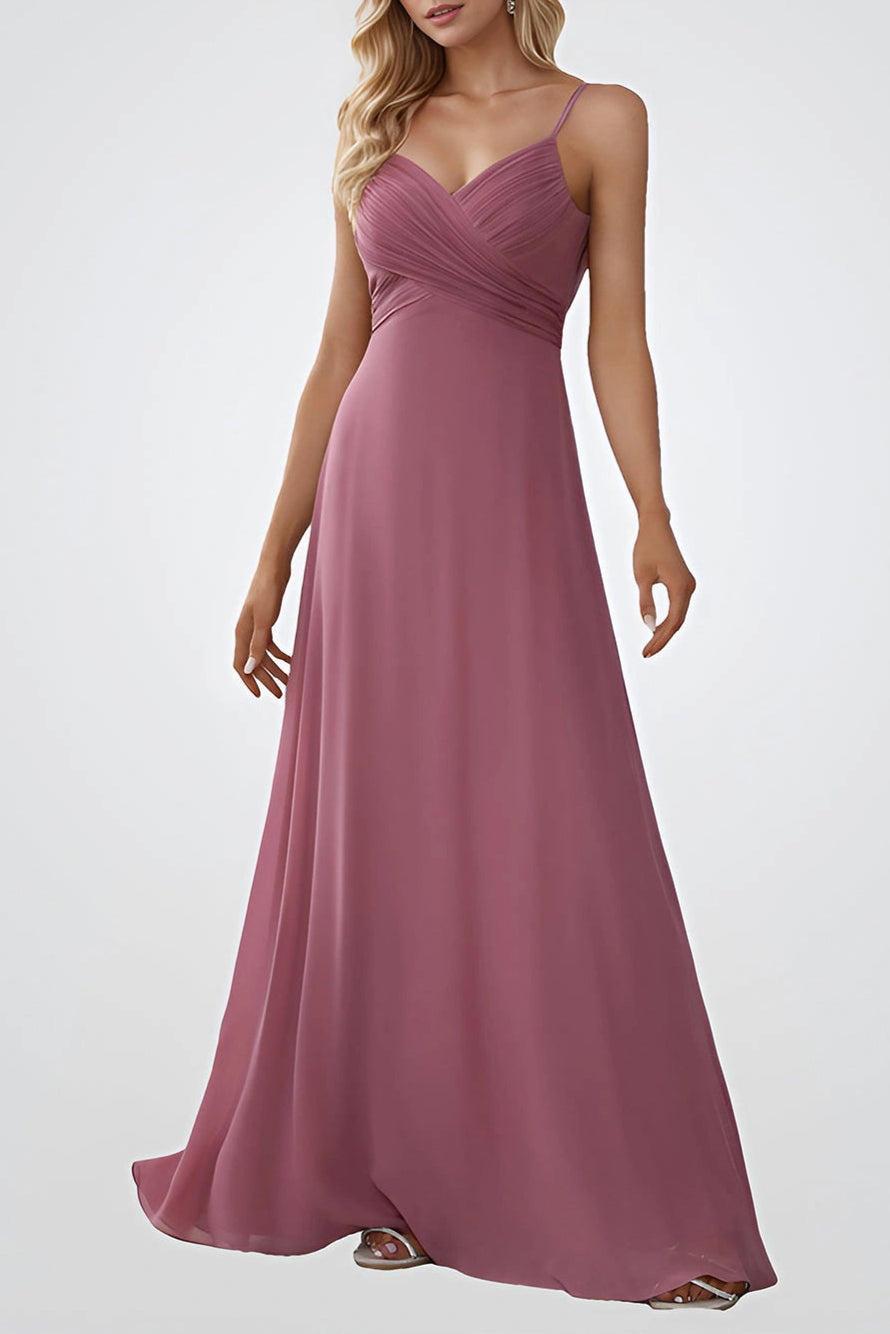 Elegant V Neck Sleeveless Swing neckline at back Maxi A line Ruched chiffon Bridesmaid Dresses