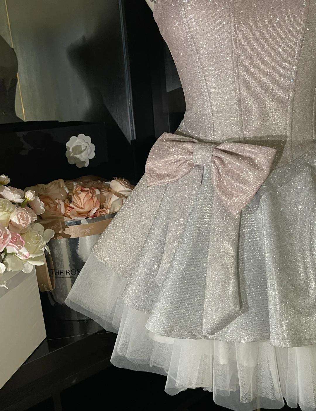 Sweet Pink Spaghetti Straps Tulle Short Prom Dresses A-Line Glitter Satin Homecoming Dress With Bow