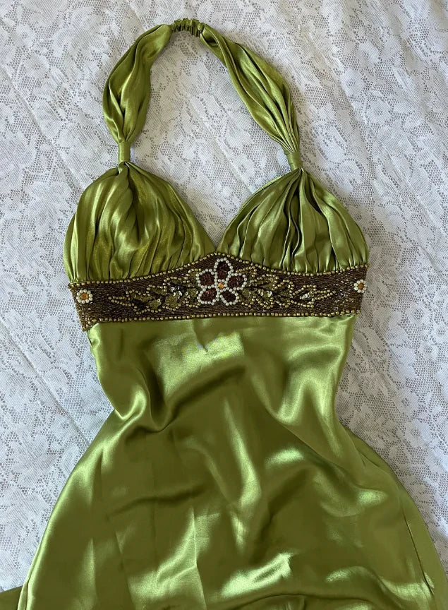 Vintage Sheath Halter Beaded Green Satin Open Back Prom Dress