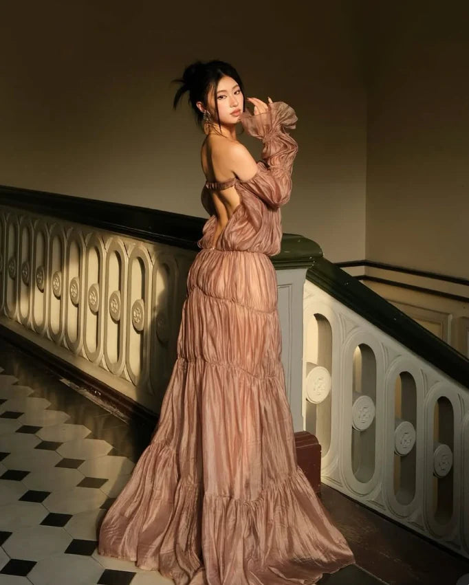 A Line Long Sleeve Satin Long Prom Dress Charming Brown Evening Dress