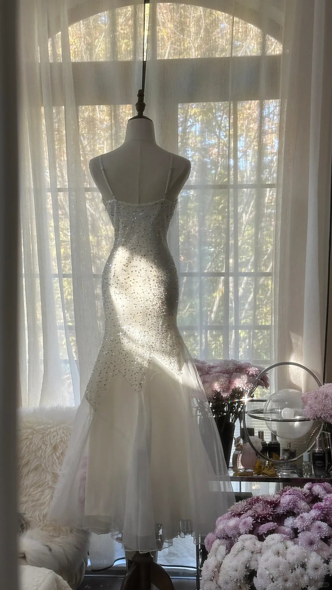 Flowy Mermaid Spaghetti Straps Beaded White Chiffon Long Prom Dress