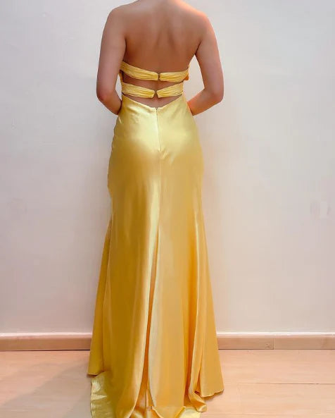 Yellow Prom Dresses V Neck Formal Evening Dress
