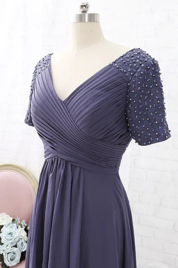 Pink Chiffon V-Neck Beaded Sleeve Mother of the Brides Dress