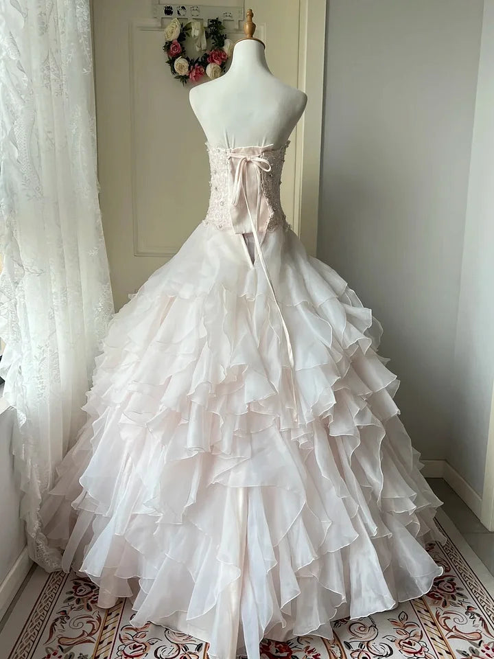 Princess A Line Sweetheart Neck Rhinestone Tiered Light Pink Tulle Party Dress