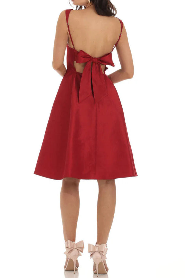 Elegant Square Neck Sleeveless Bow Tie Fit & Flare Midi Party Dress