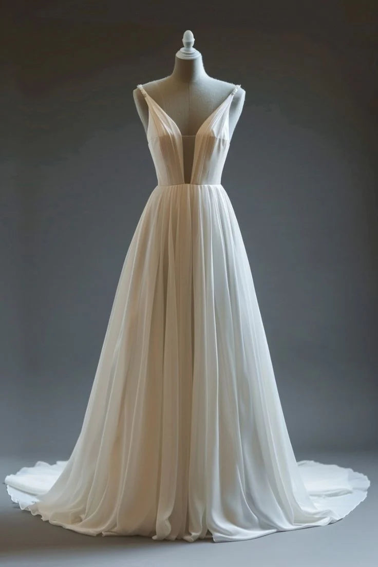 Spaghetti Strap Chiffon Long Wedding Dress Simple White A-Line Bridesmaid Dress