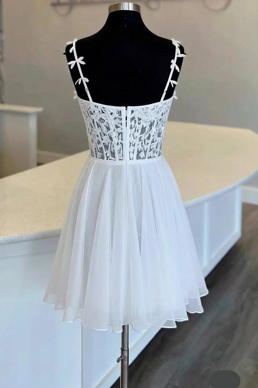 A-Line White Sleeveless V-neckline Floral Appliques Plunging Neck Homecoming Dress