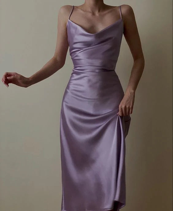 Full of charm purple slim shoulder strap tight satin ball dress
