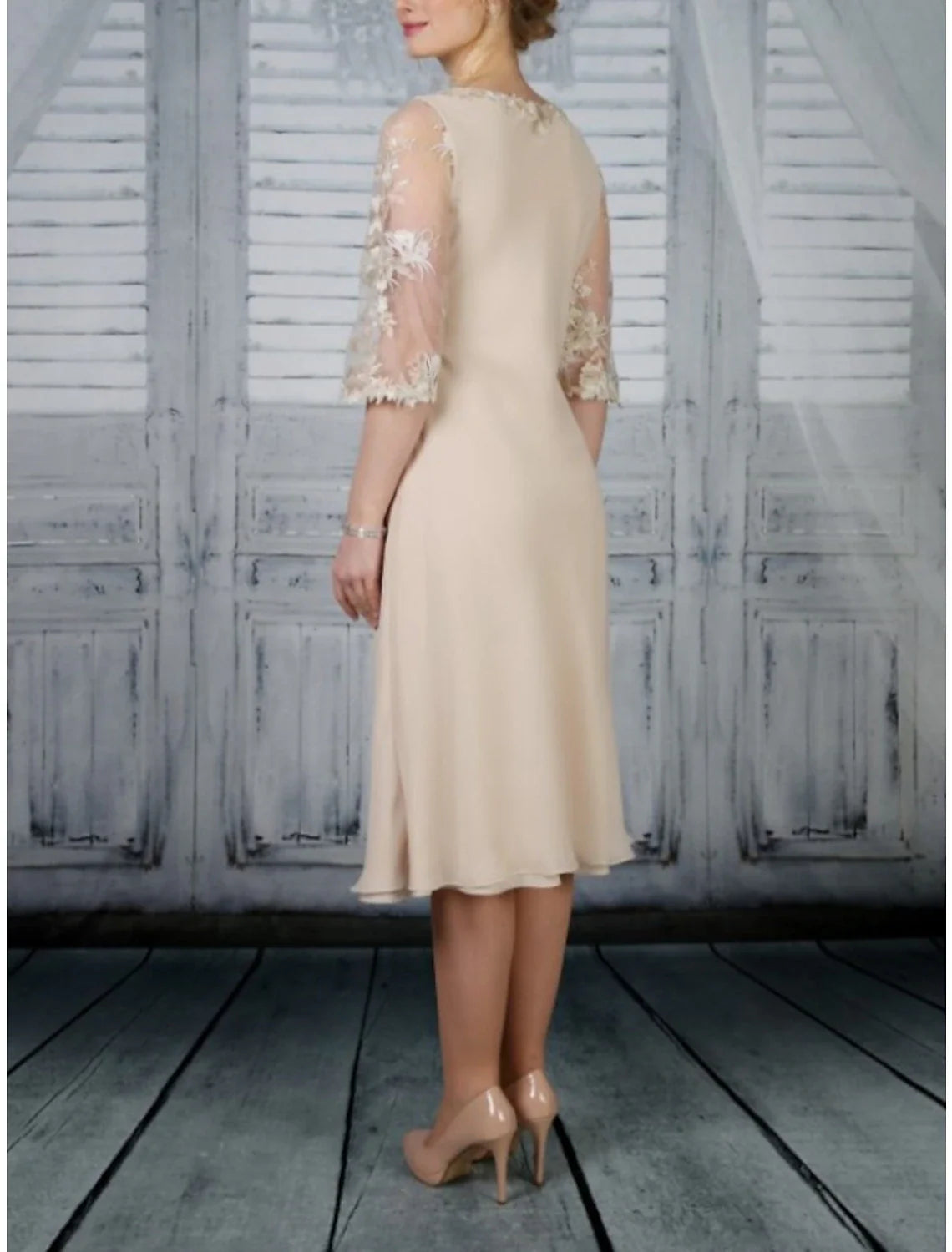 Sheath / Column Mother of the Bride Dress Wedding Guest Party Elegant Scoop Neck Tea Length Chiffon Lace Half Sleeve with Ruffles