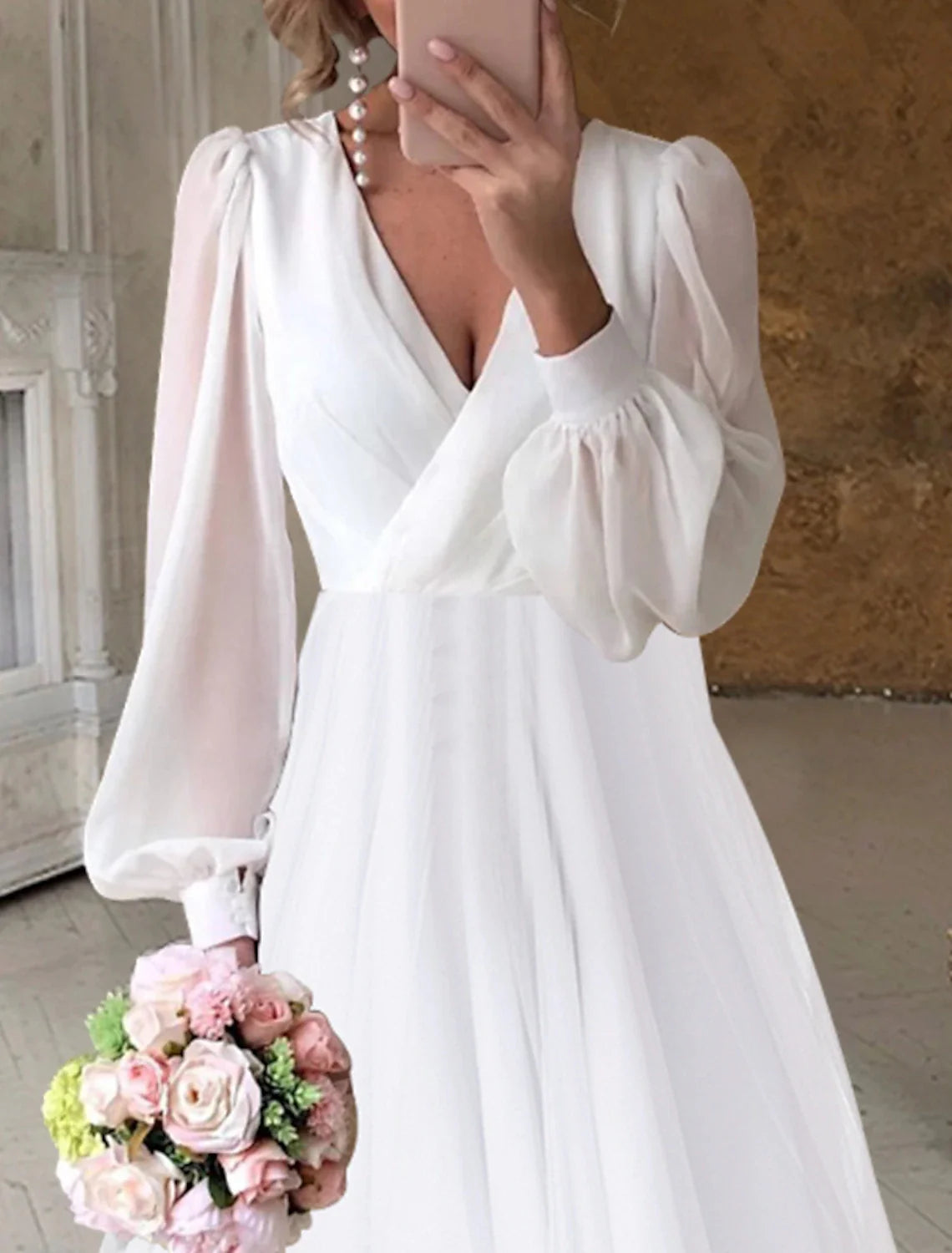 Bridal Shower Fall Wedding Dresses Little White Dresses Casual A-Line V Neck Long Sleeve Asymmetrical Chiffon Bridal Gowns