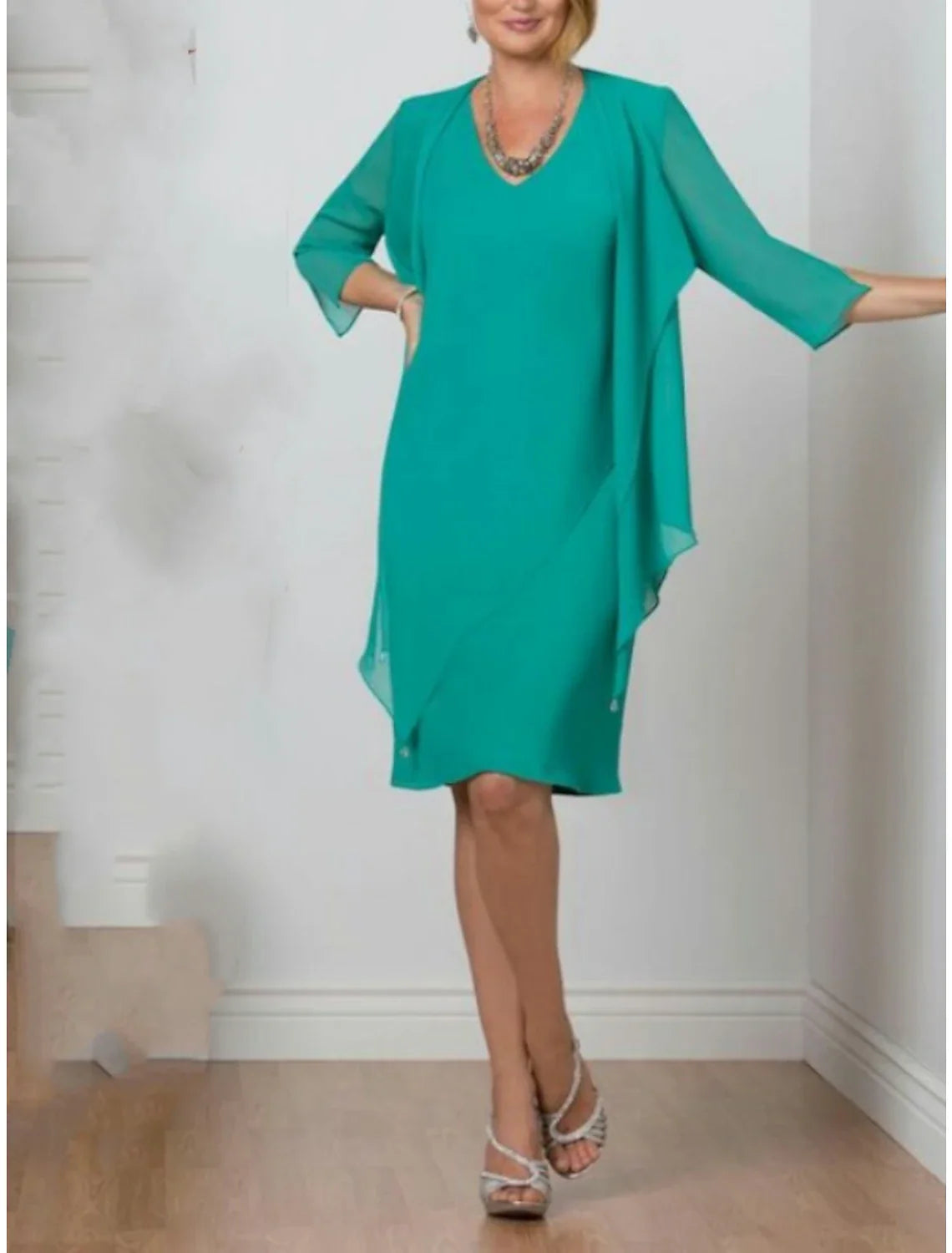 Two Piece Mother of the Bride Dress Fall Wedding Guest Simple Elegant V Neck Knee Length Chiffon 3/4 Length Sleeve