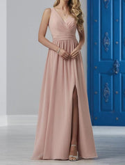A-Line Bridesmaid Dress V Neck Sleeveless Pink Floor Length Chiffon / – JIESEN DRESS