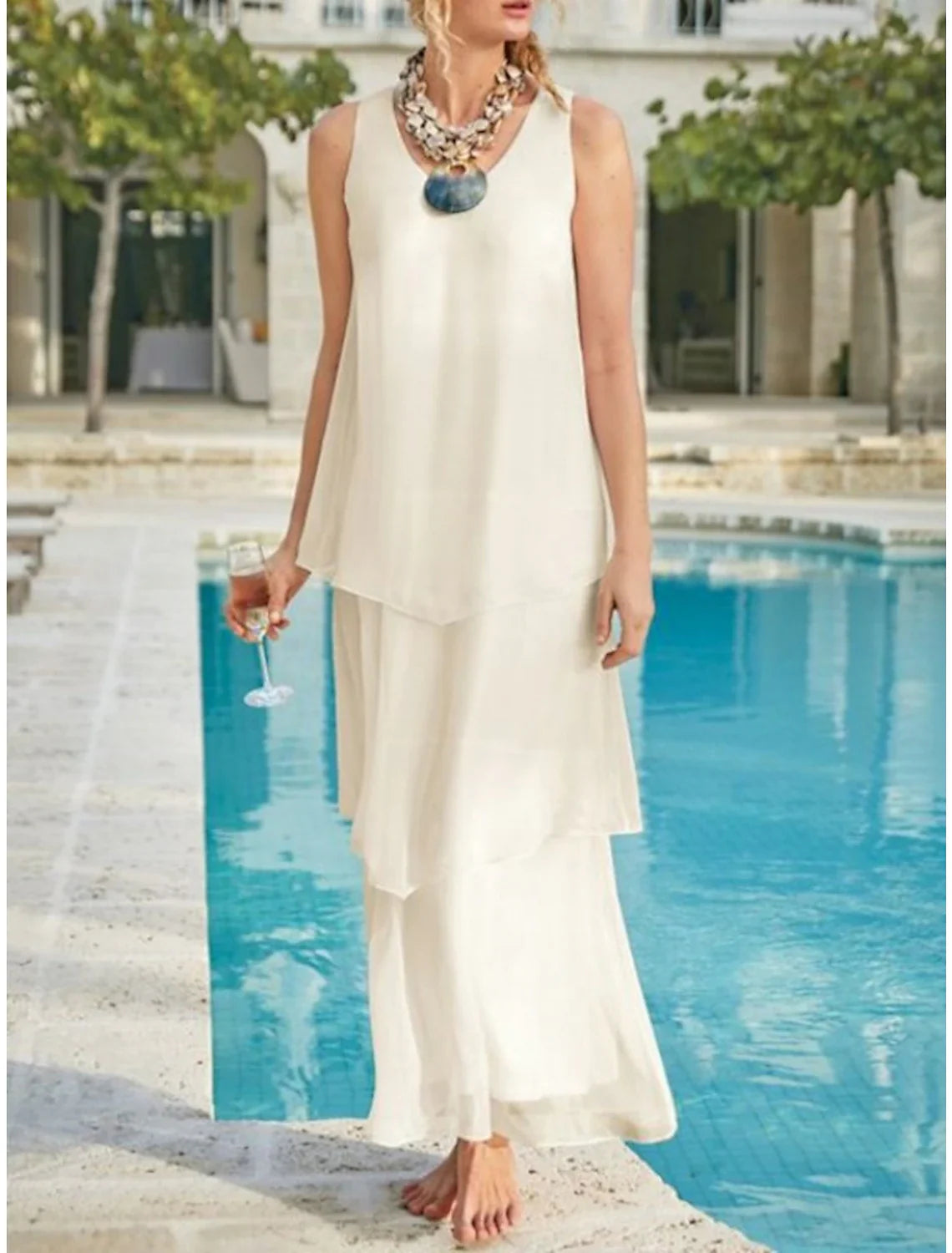 Sheath / Column Mother of the Bride Dress Wedding Guest Simple Elegant V Neck Ankle Length Chiffon Sleeveless