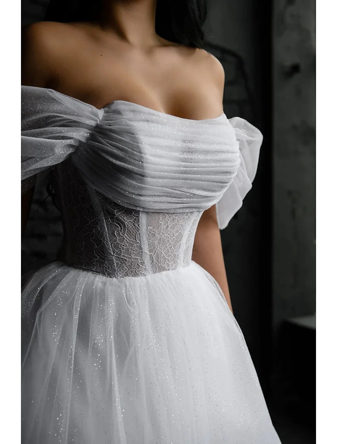 Bridal Shower Little White Dresses Glitter & Sparkle Wedding Dresses Ball Gown Off Shoulder Sleeveless Tea Length Lace Bridal Gowns With Appliques
