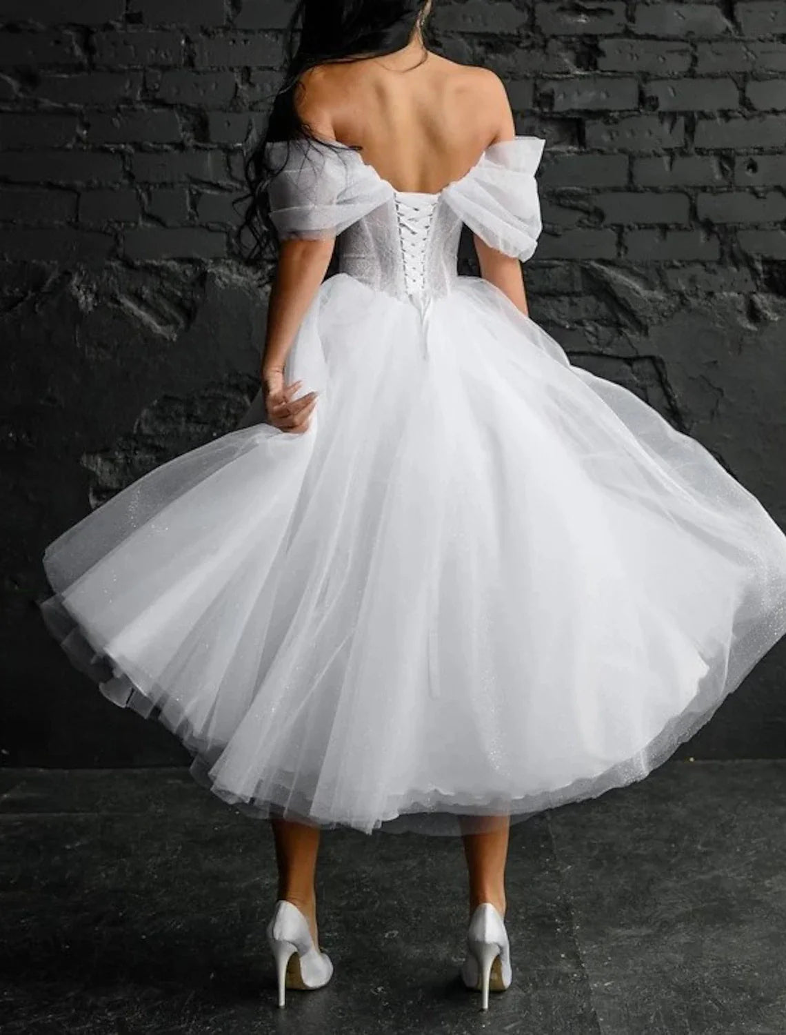 Bridal Shower Little White Dresses Glitter & Sparkle Wedding Dresses Ball Gown Off Shoulder Sleeveless Tea Length Lace Bridal Gowns With Appliques