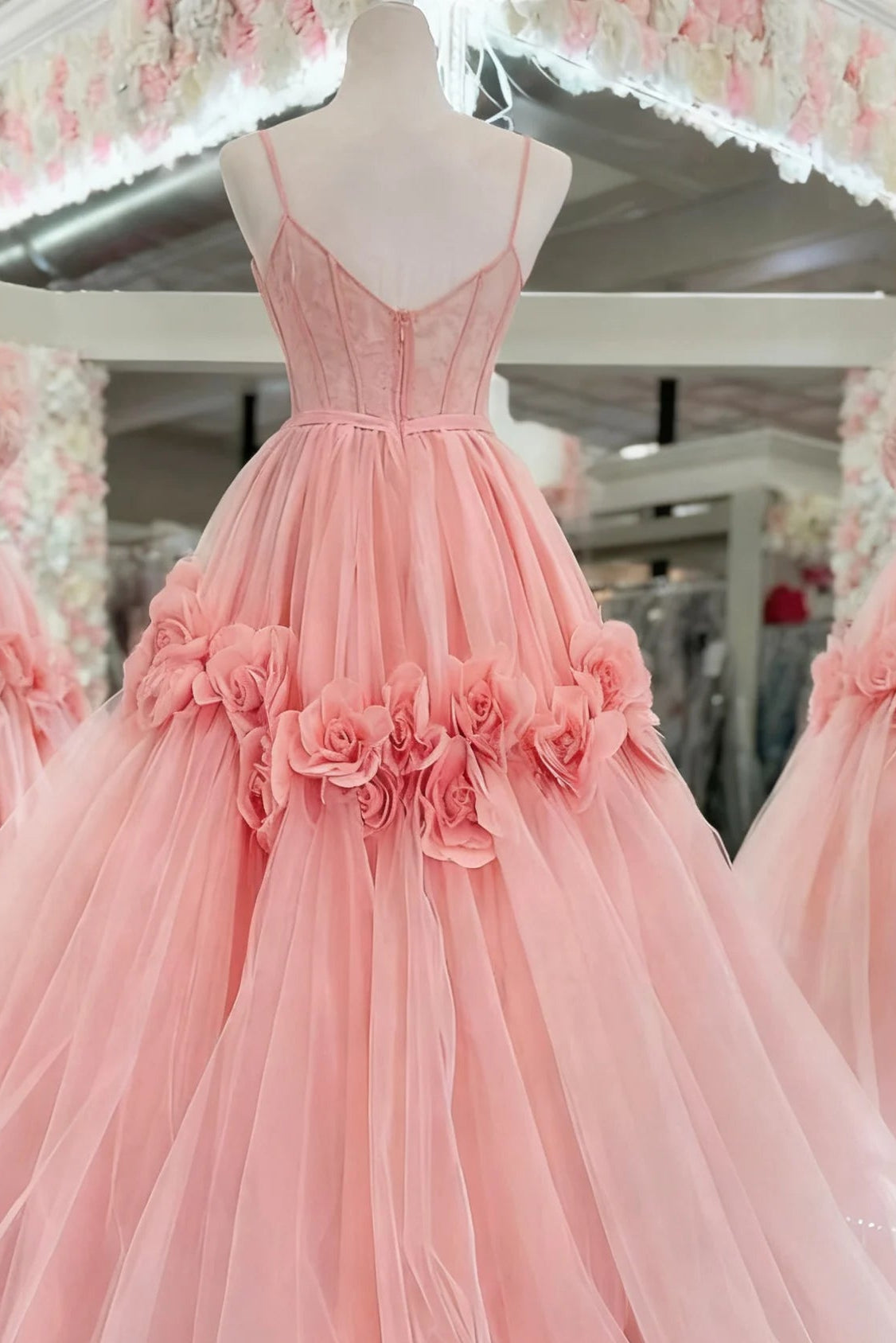 Princess A-Line Off The Shoulder 3D Applique Lace Tulle Pink Prom Dress