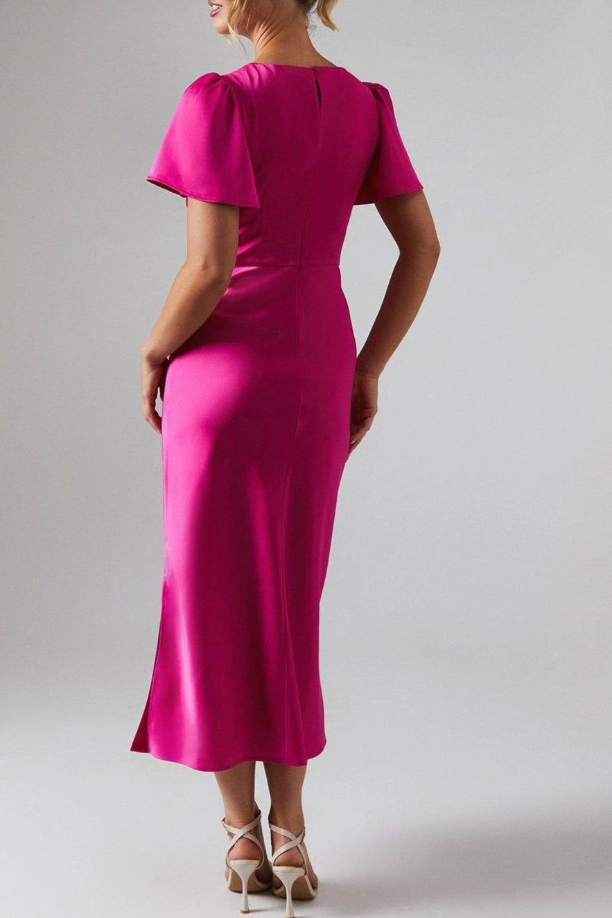 Satin Twist Front Angel Sleeve Midi Full of charm Bridesmaids Dress