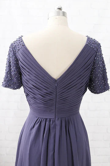 Pink Chiffon V-Neck Beaded Sleeve Mother of the Brides Dress