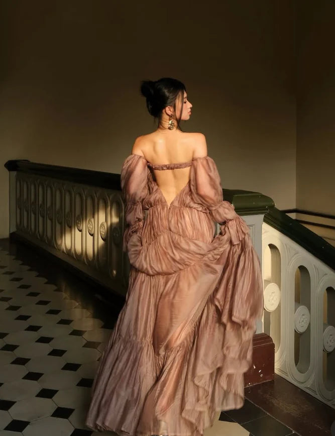 A Line Long Sleeve Satin Long Prom Dress Charming Brown Evening Dress