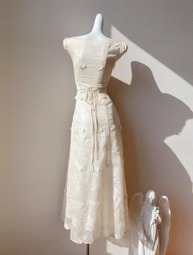 Hollow Butterfly Embroidery Dress French Summer Vacation Waist Party Dress