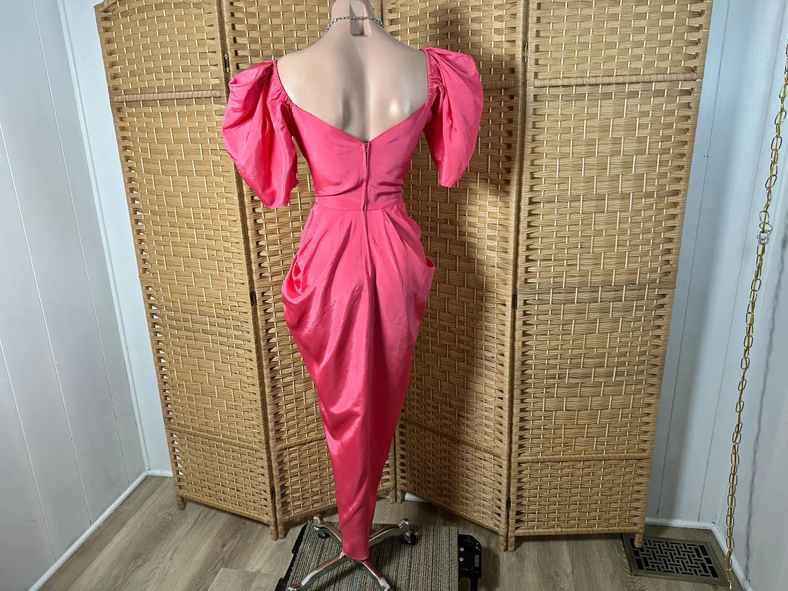 Vintage 1980s Hot Pink Taffeta Dress Cocoon Drape Prom Dress With Bow