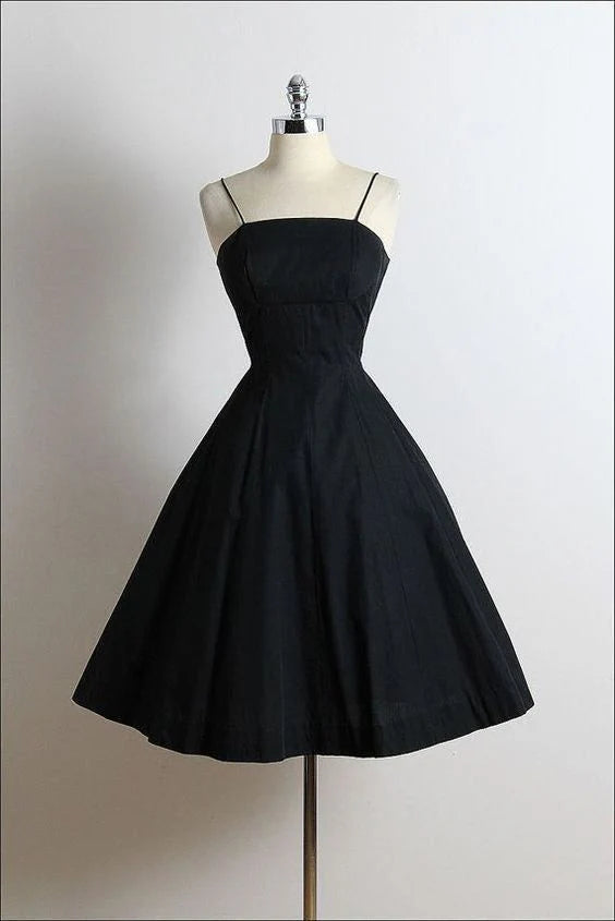 Mini A-line black thin shoulder strap short ball dress