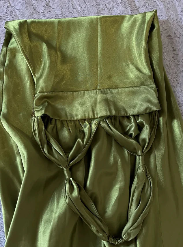 Vintage Sheath Halter Beaded Green Satin Open Back Prom Dress