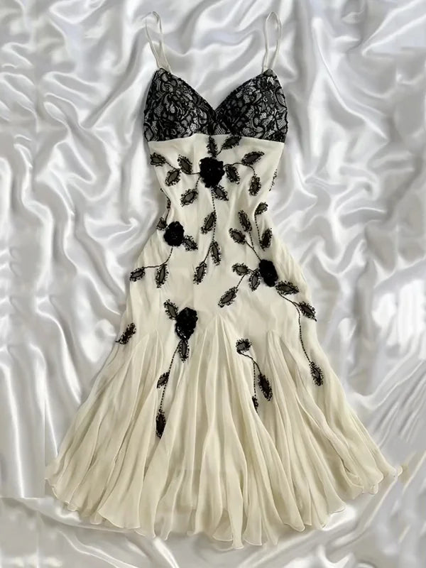 Elegant A Line Spaghetti Strap Black Lace Beaded Ivory Chiffon Party Dress