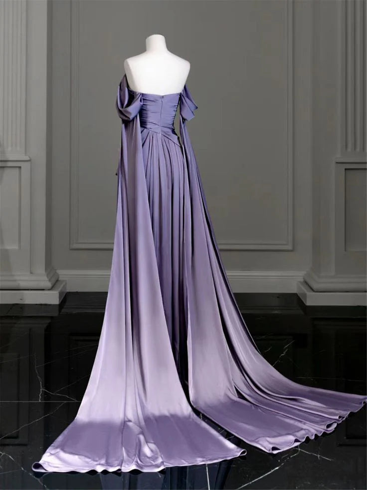 Elegant Purple Satin  Draped Bodice Formal Party Dress