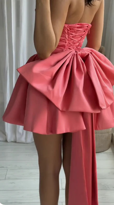 Gorgeous Hot Pink Satin Homecoming Dresses Short Strapless A-Line Prom Dresses with Bow