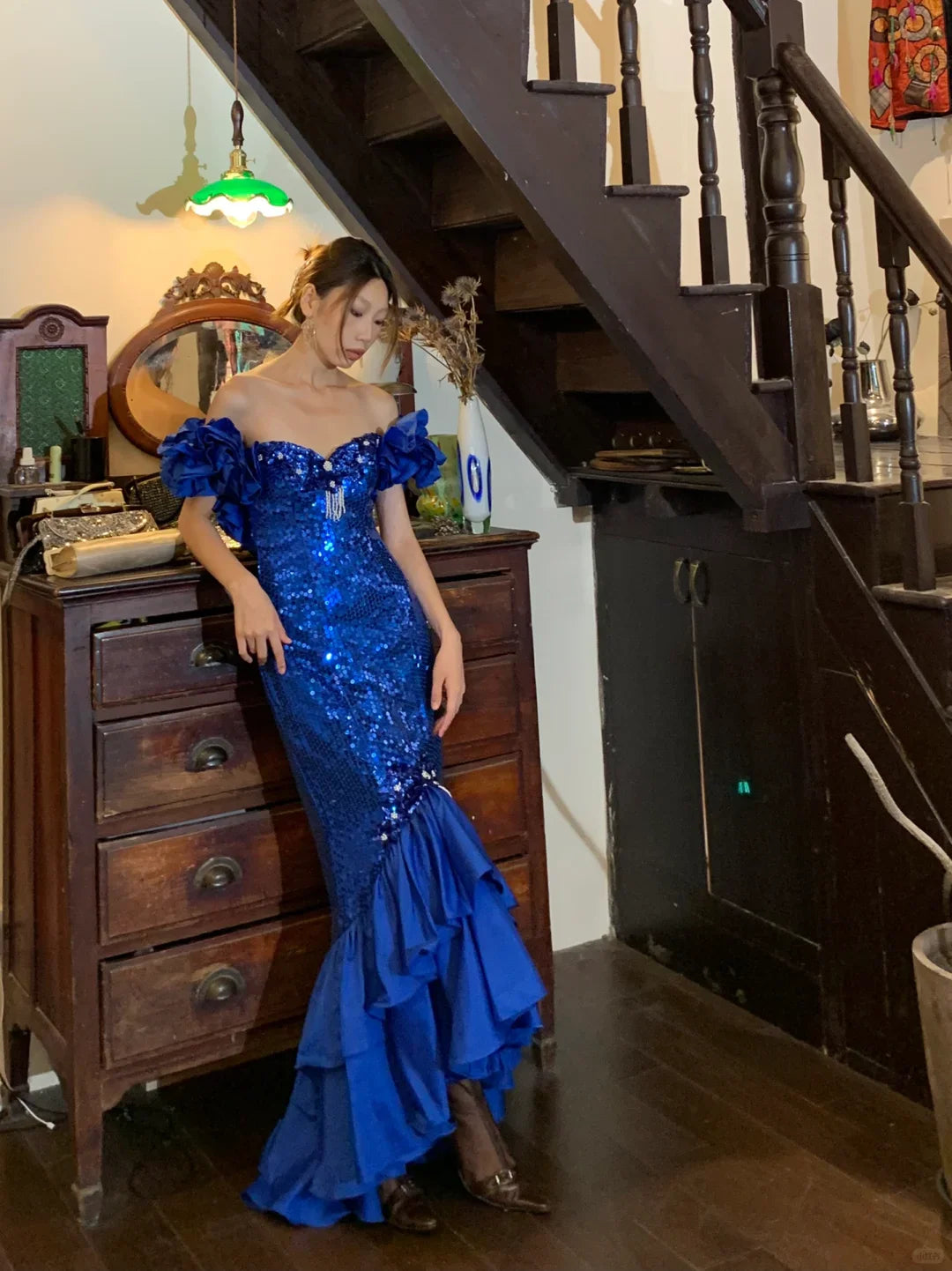 Gorgeous Mermaid Off the Shoulder Blue Sequin Satin Long Prom Dress