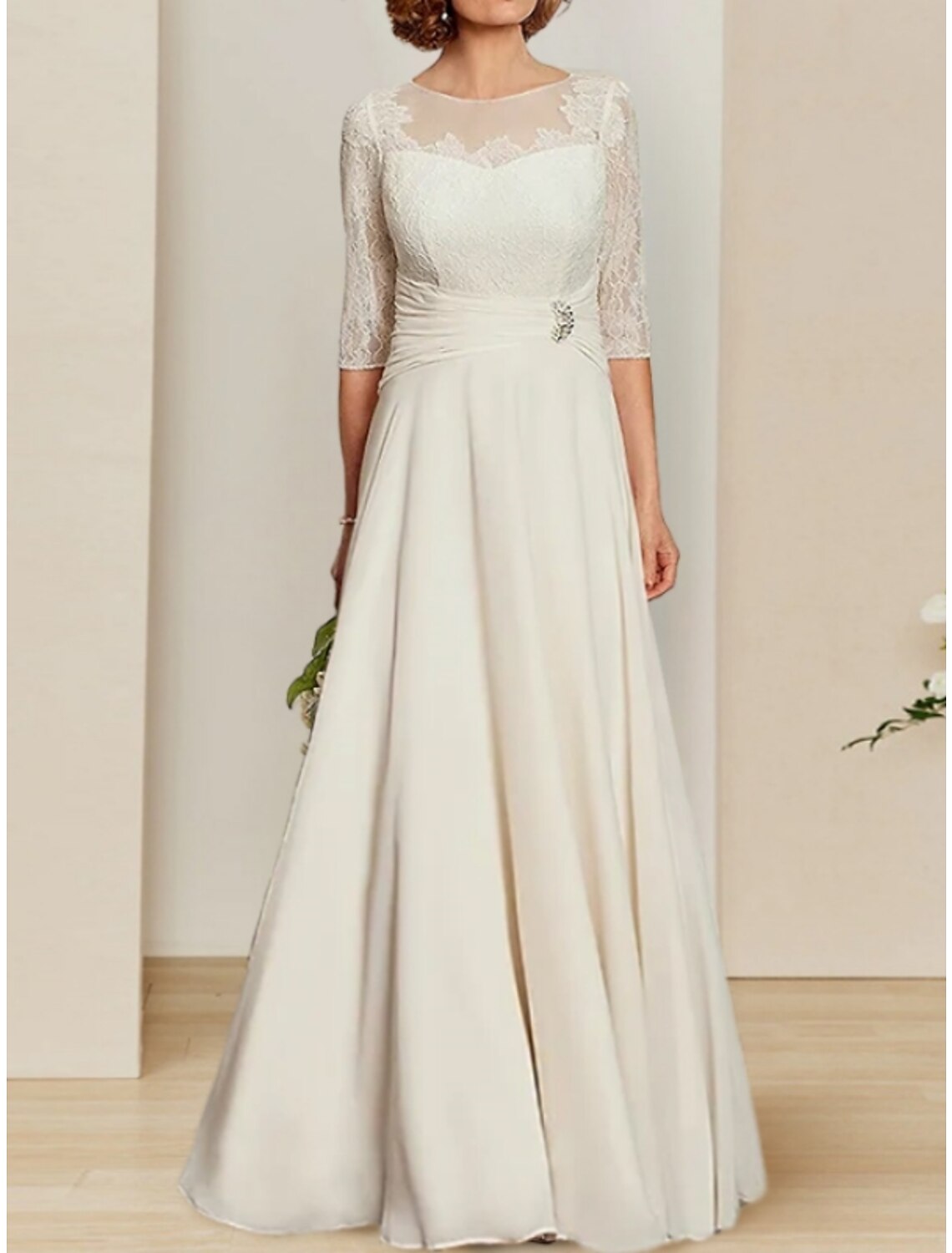 Sheath / Column Mother of the Bride Dress Wedding Guest Vintage Elegant Scoop Neck Floor Length Chiffon Lace Half Sleeve with Pleats