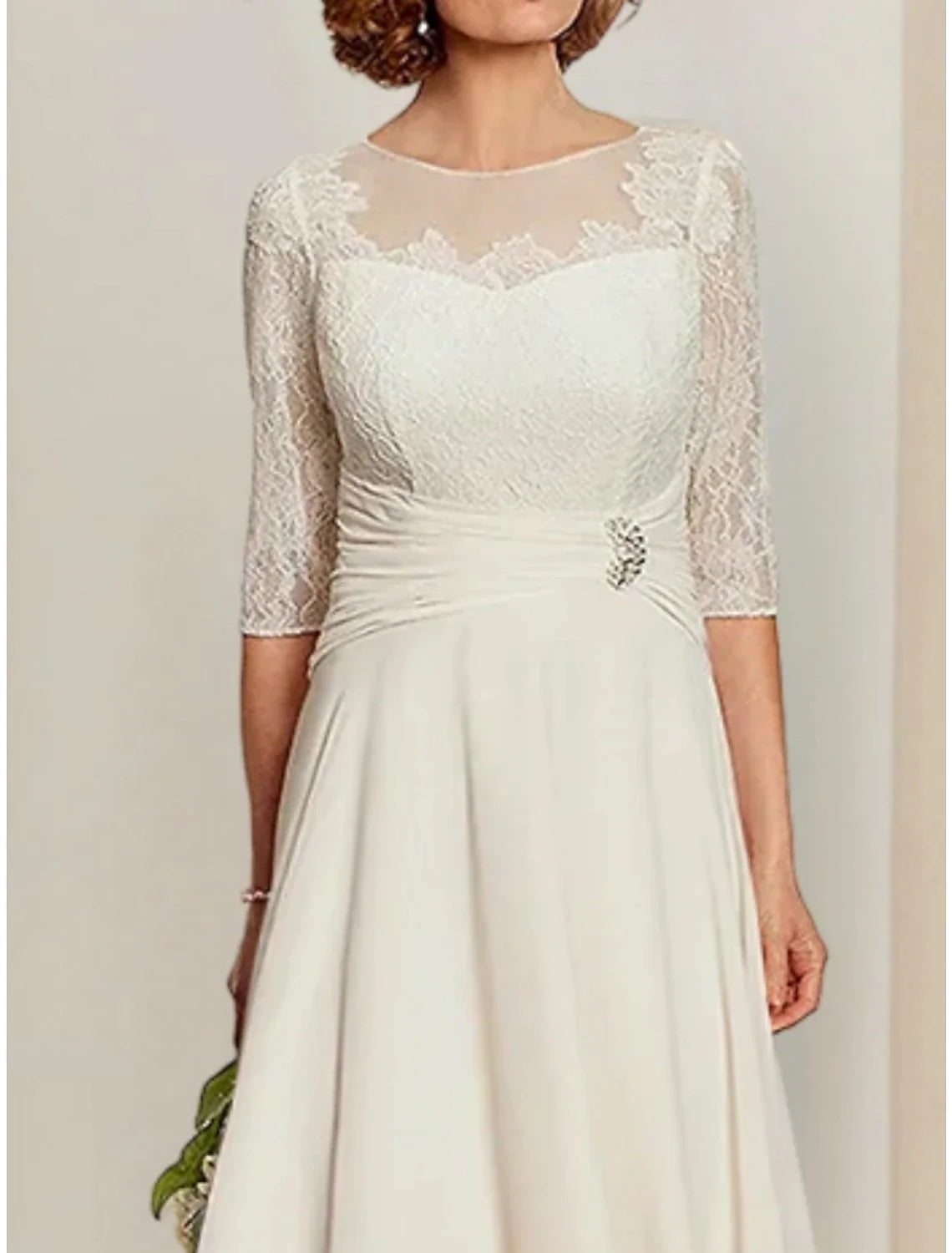 Sheath / Column Mother of the Bride Dress Wedding Guest Vintage Elegant Scoop Neck Floor Length Chiffon Lace Half Sleeve with Pleats
